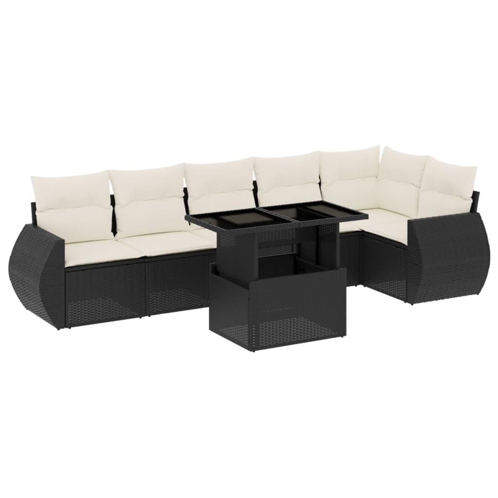 7 Piece Garden Sofa Set with Cushions Black Poly Rattan