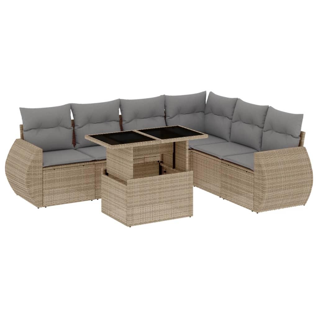7 Piece Garden Sofa Set with Cushions Beige Poly Rattan