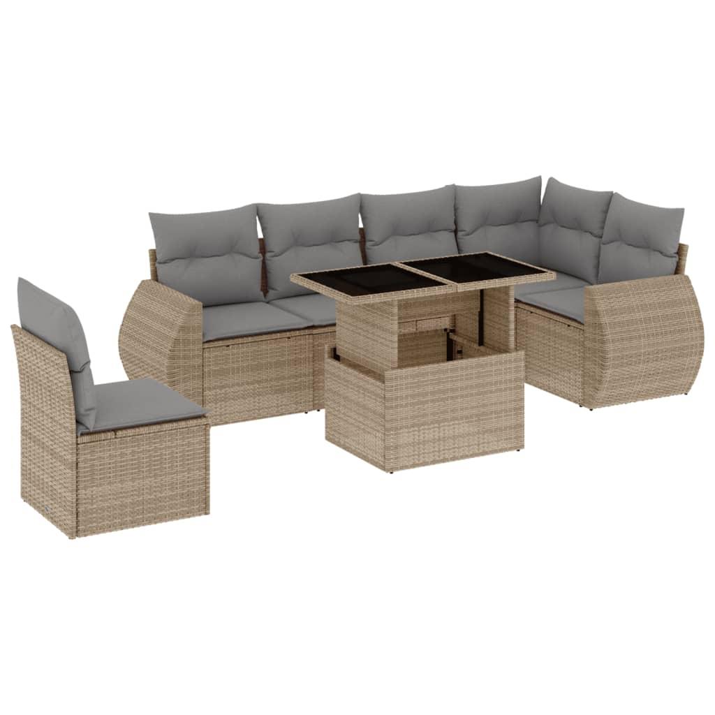 7 Piece Garden Sofa Set with Cushions Beige Poly Rattan