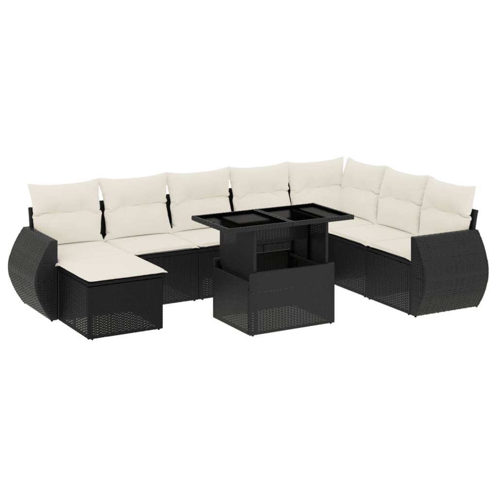 9 Piece Garden Sofa Set with Cushions Black Poly Rattan
