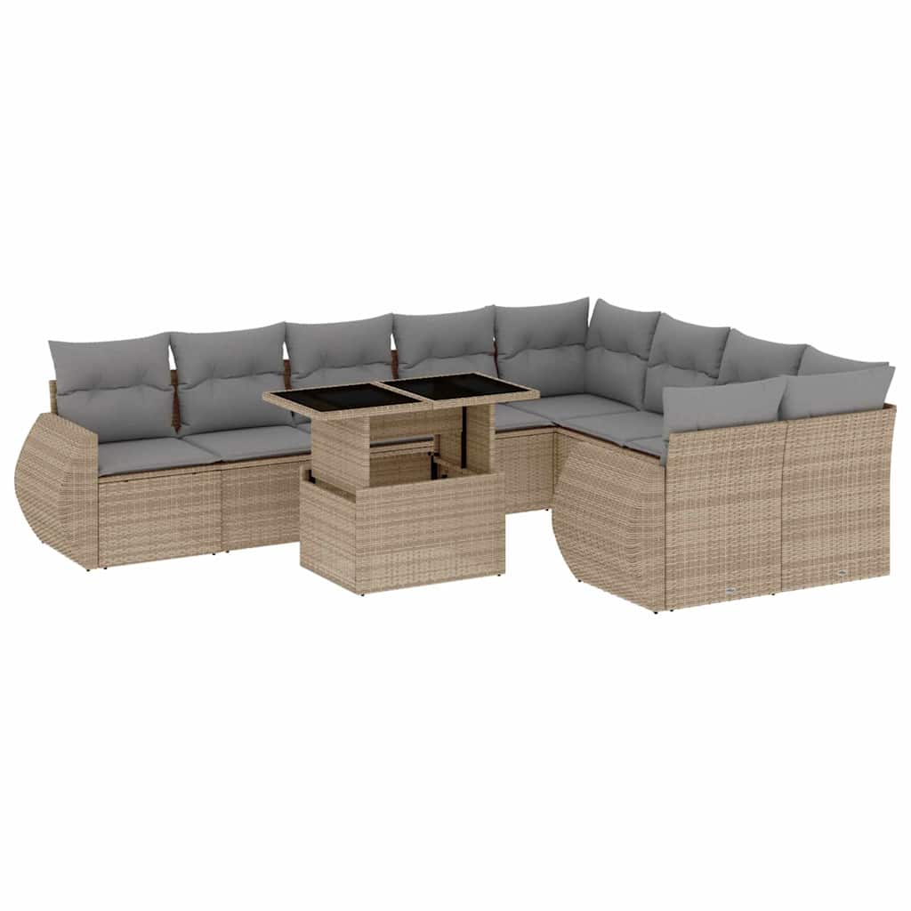 10 Piece Garden Sofa Set with Cushions Beige Poly Rattan