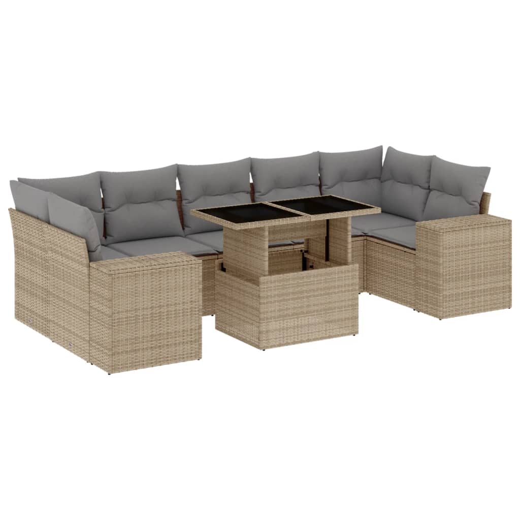 8 Piece Garden Sofa Set with Cushions Beige Poly Rattan