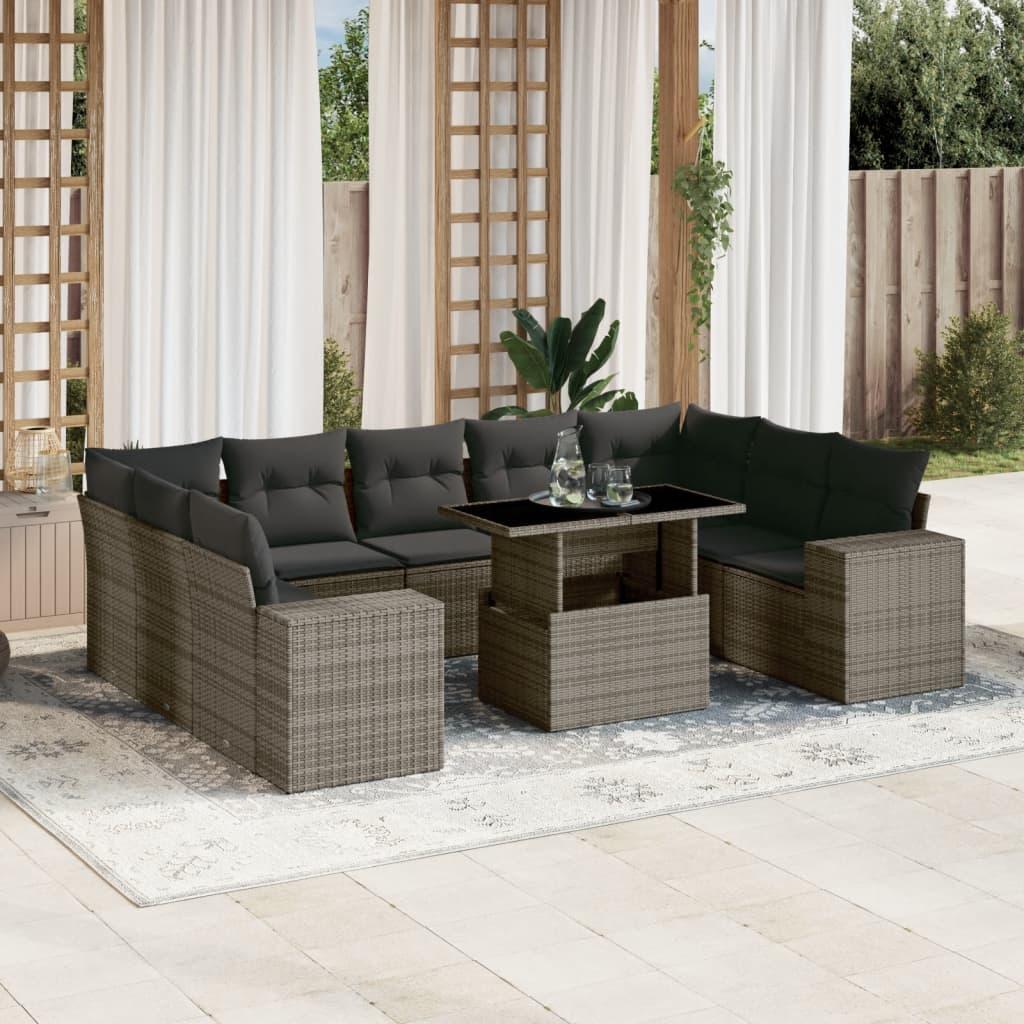 10 Piece Garden Sofa Set with Cushions Grey Poly Rattan