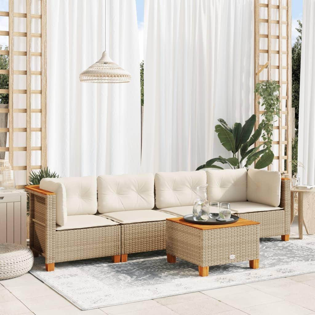 5 Piece Garden Sofa Set with Cushions Beige Poly Rattan
