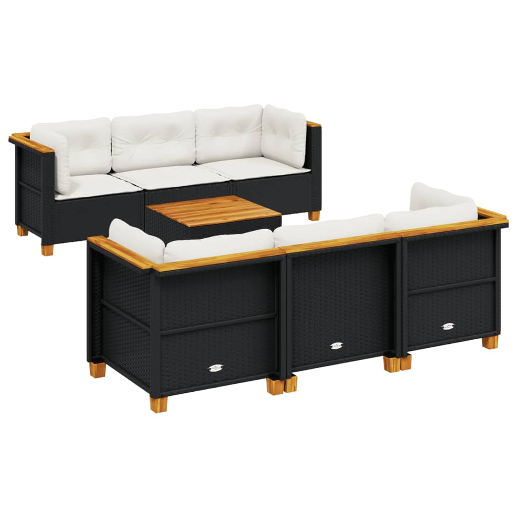7 Piece Garden Sofa Set with Cushions Black Poly Rattan