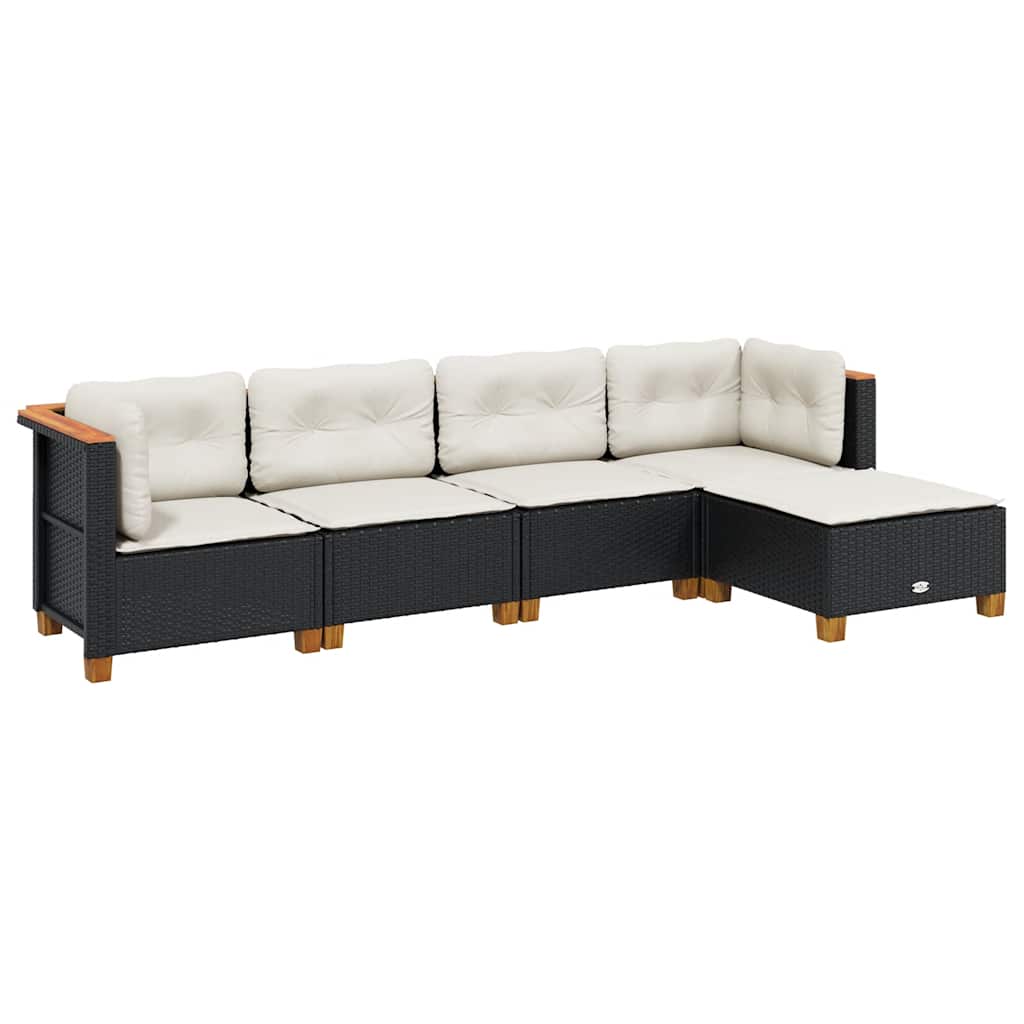 5 Piece Garden Sofa Set with Cushions Black Poly Rattan