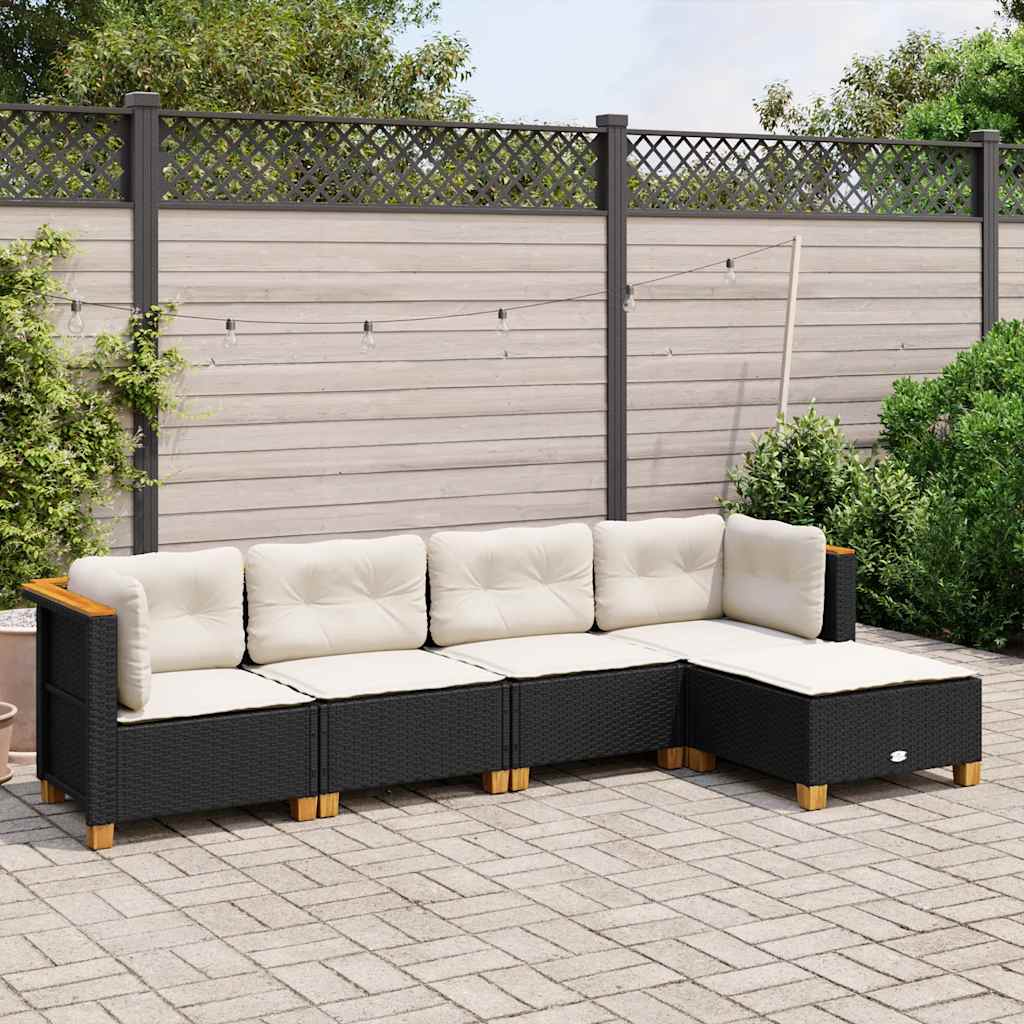 5 Piece Garden Sofa Set with Cushions Black Poly Rattan