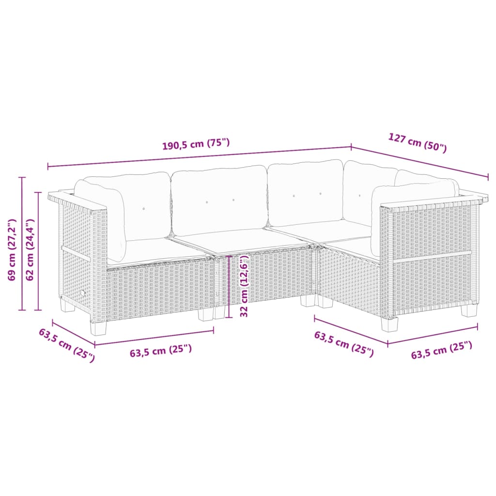 4 Piece Garden Sofa Set with Cushions Grey Poly Rattan