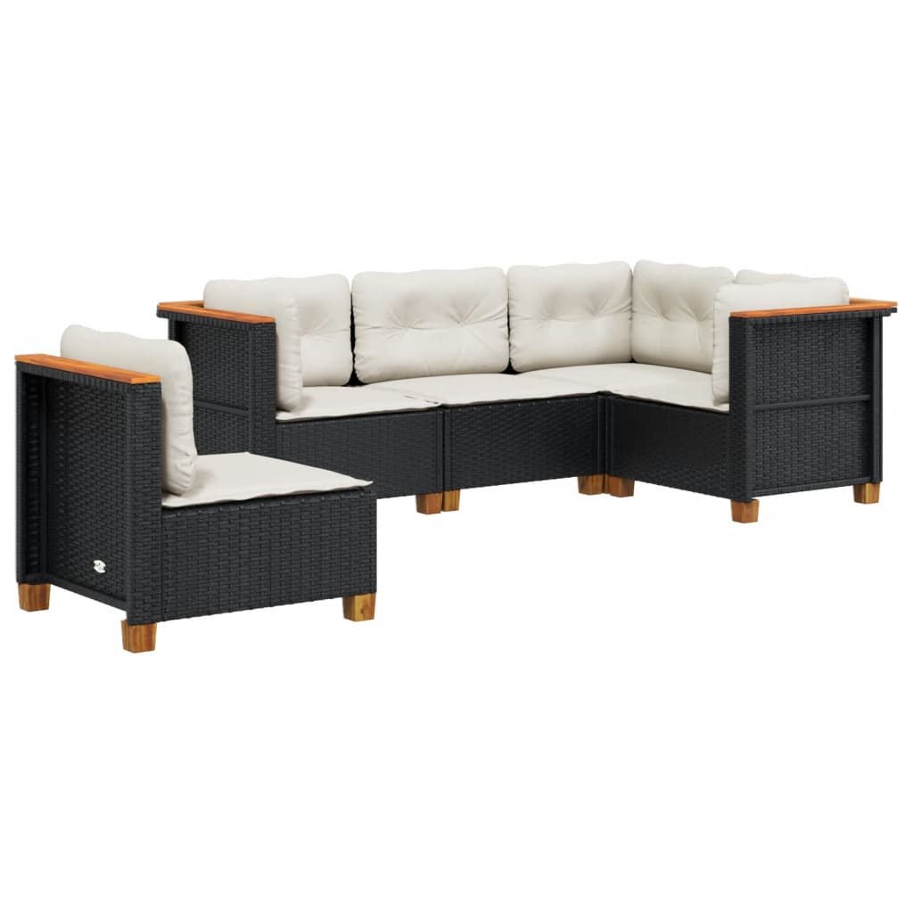 5 Piece Garden Sofa Set with Cushions Black Poly Rattan