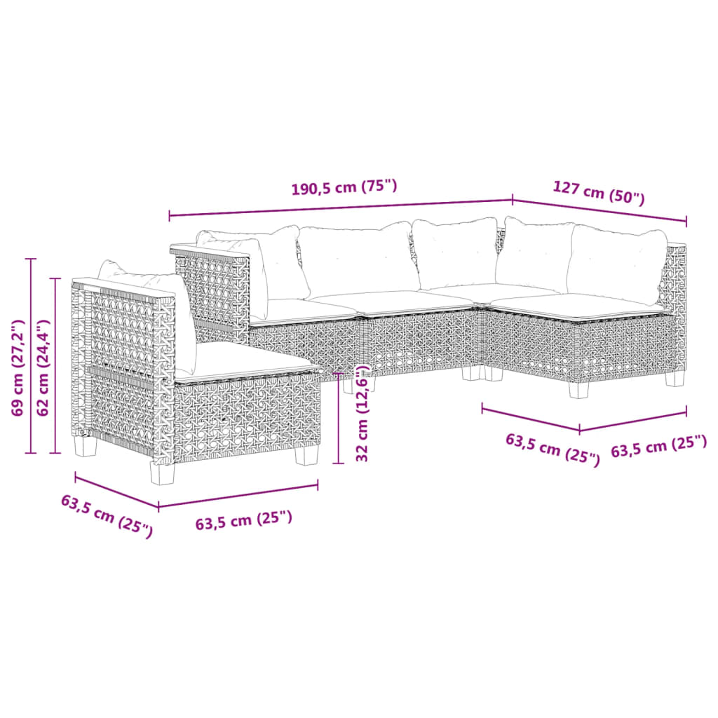 5 Piece Garden Sofa Set with Cushions Grey Poly Rattan