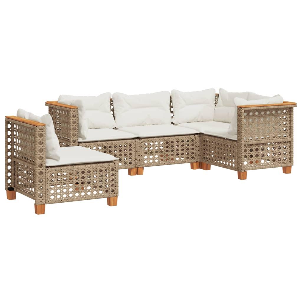 5 Piece Garden Sofa Set with Cushions Beige Poly Rattan