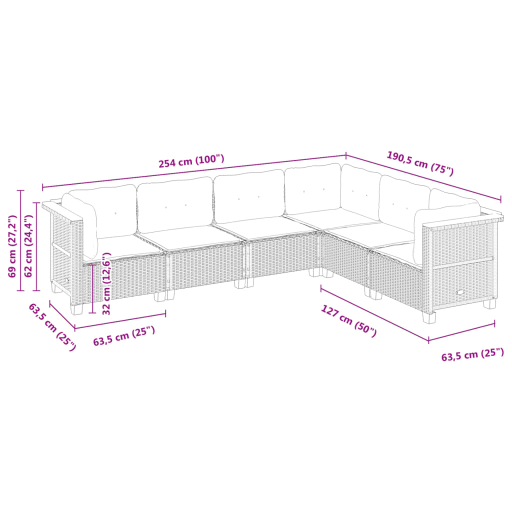 6 Piece Garden Sofa Set with Cushions Grey Poly Rattan