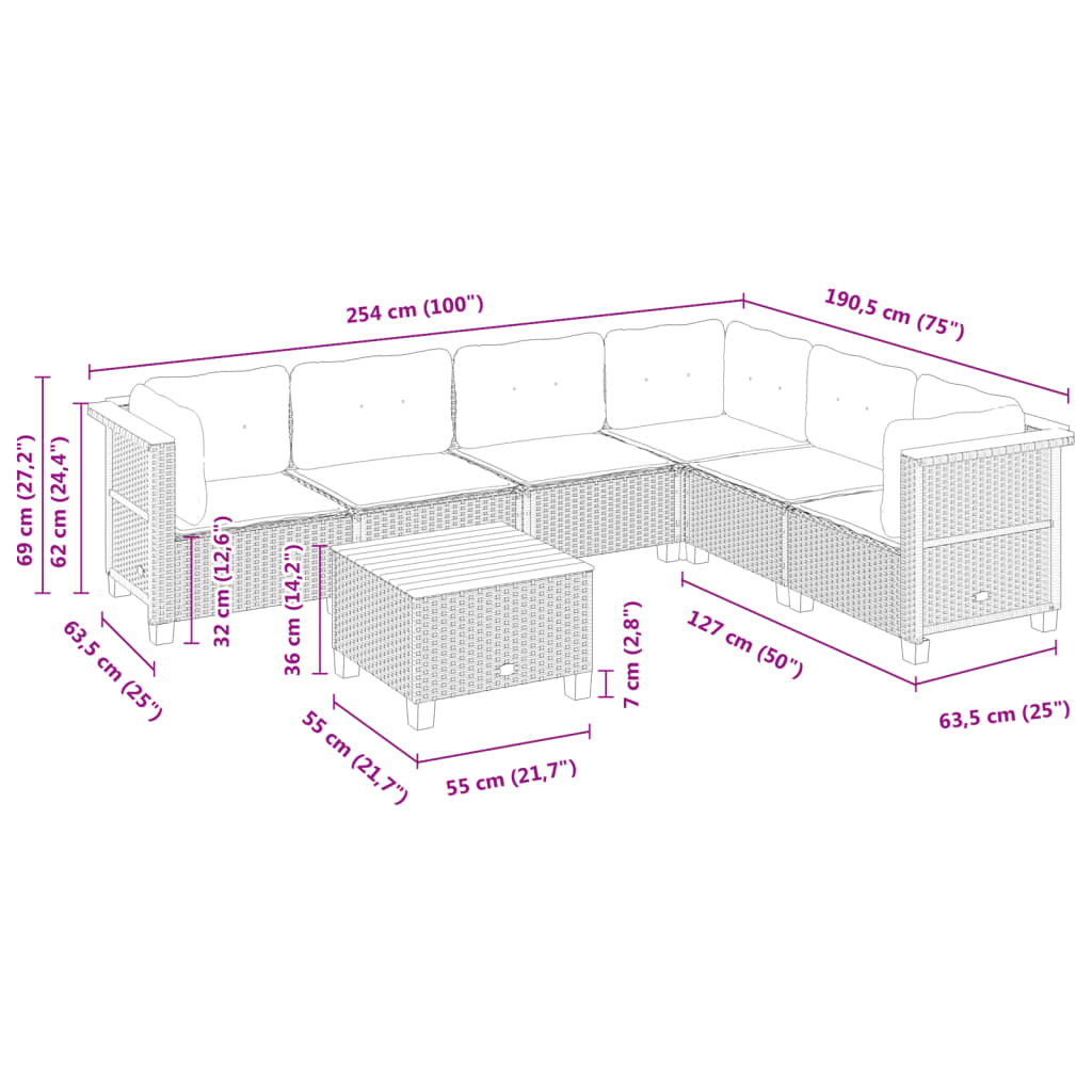 7 Piece Garden Sofa Set with Cushions Black Poly Rattan