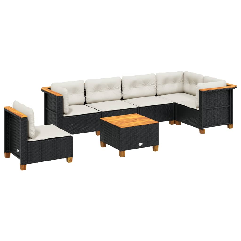 7 Piece Garden Sofa Set with Cushions Black Poly Rattan