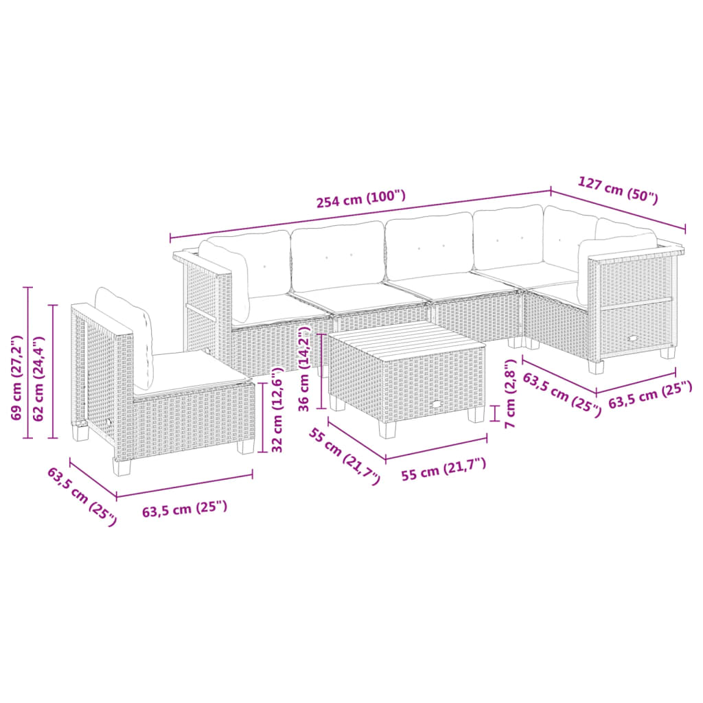 7 Piece Garden Sofa Set with Cushions Black Poly Rattan