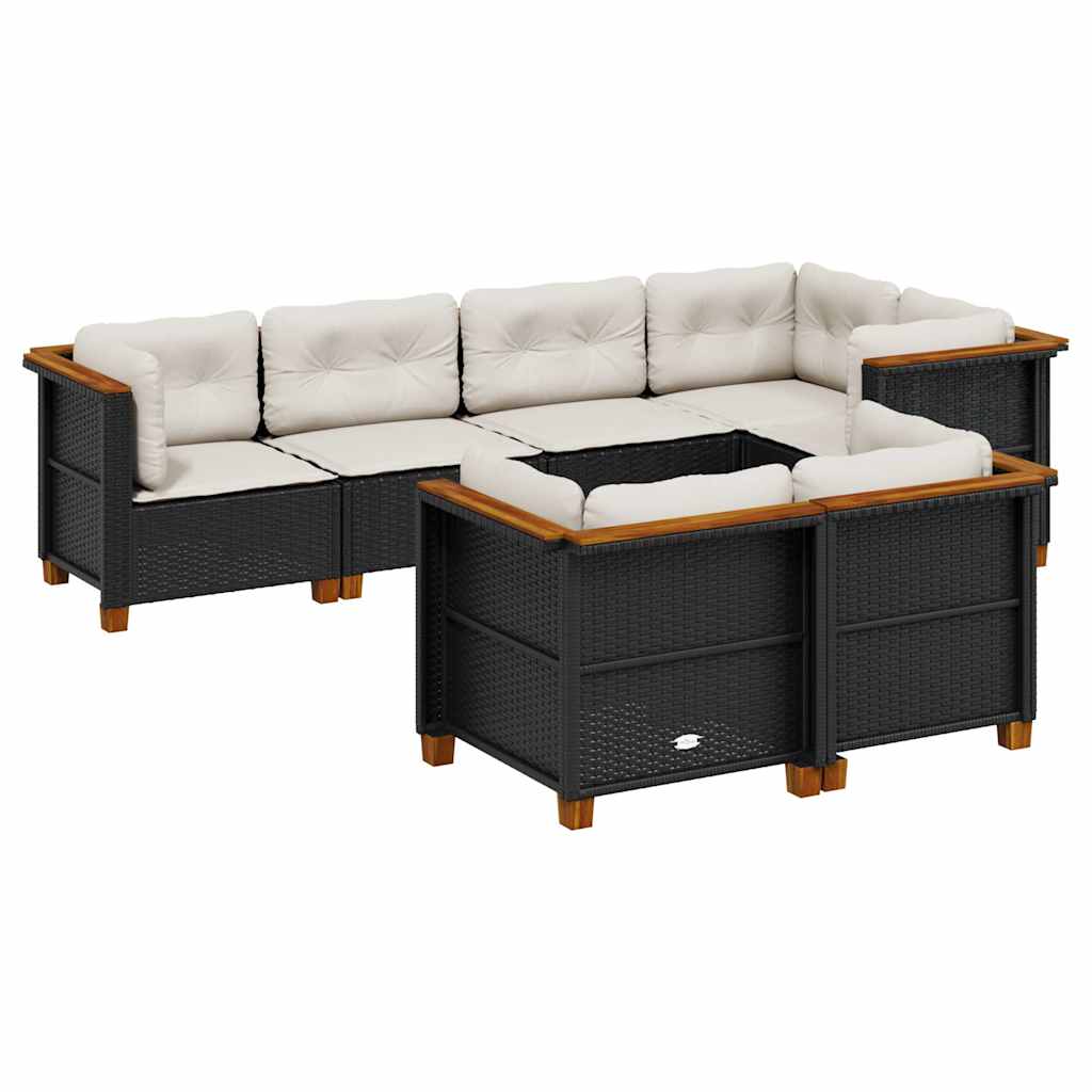 7 Piece Garden Sofa Set with Cushions Black Poly Rattan