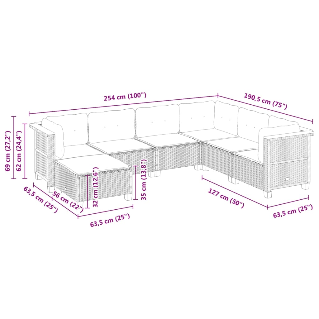 7 Piece Garden Sofa Set with Cushions Beige Poly Rattan
