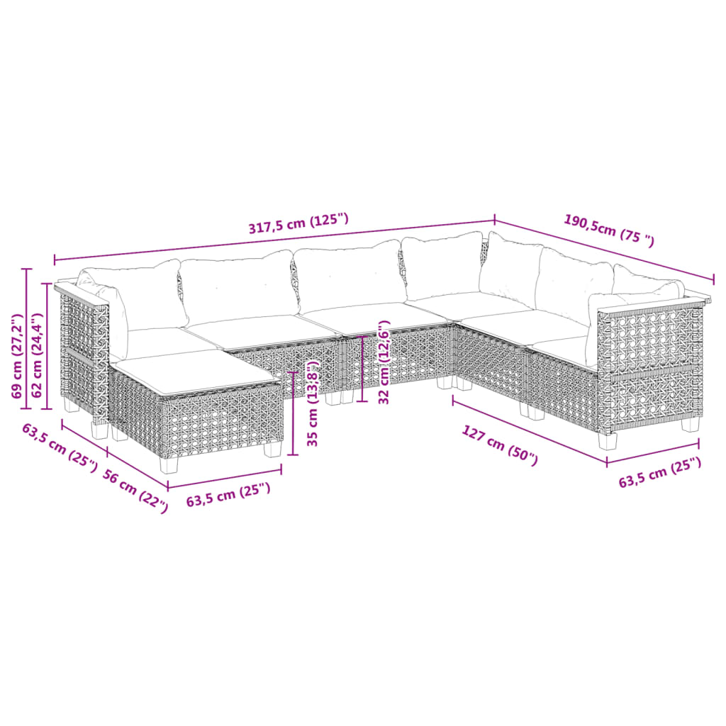 7 Piece Garden Sofa Set with Cushions Grey Poly Rattan