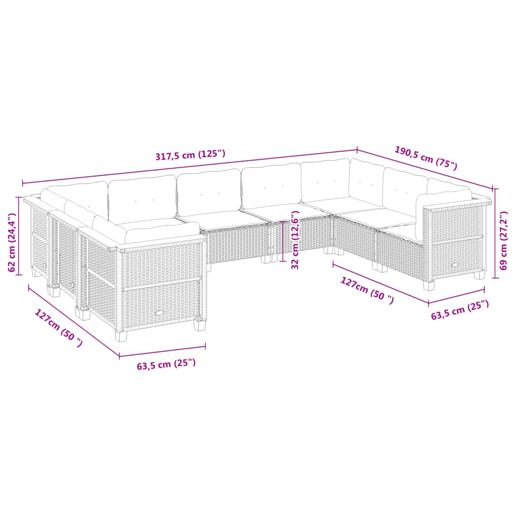 9 Piece Garden Sofa Set with Cushions Beige Poly Rattan