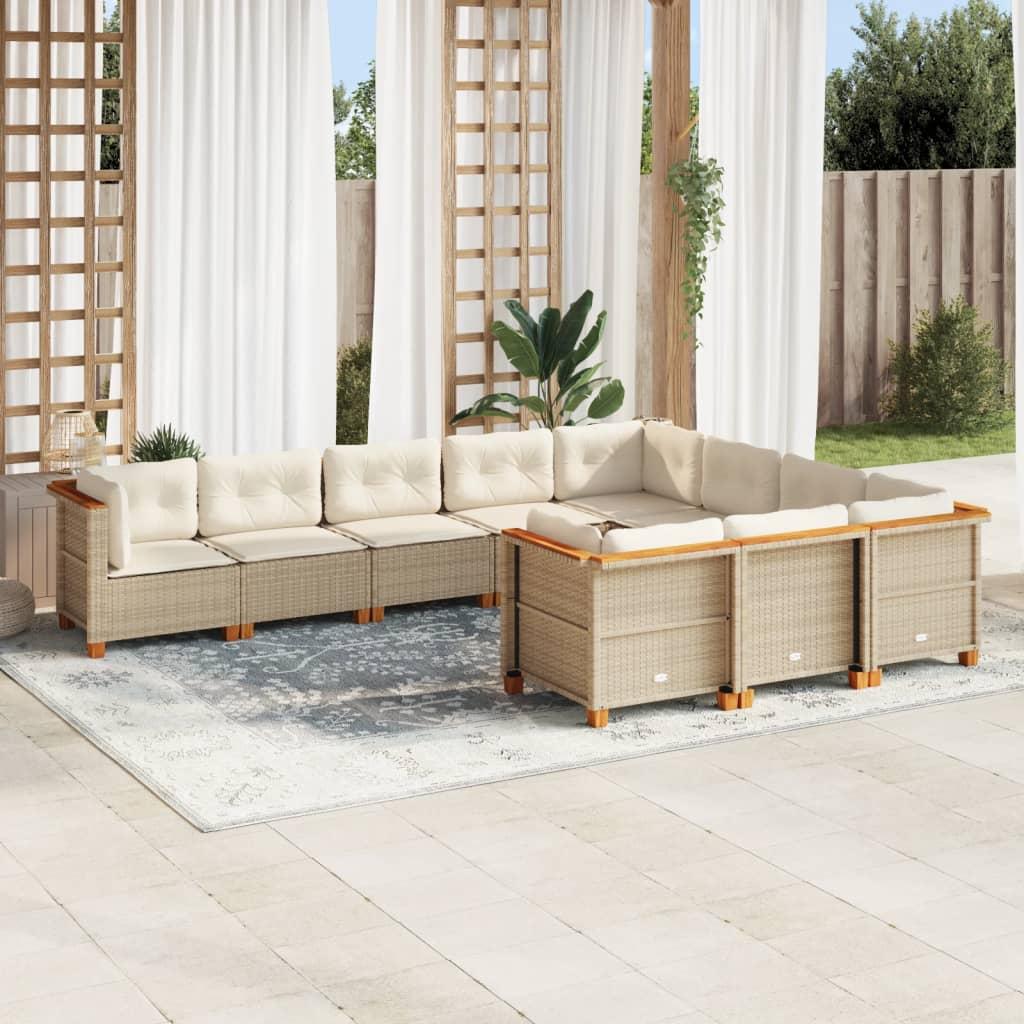 10 Piece Garden Sofa Set with Cushions Beige Poly Rattan