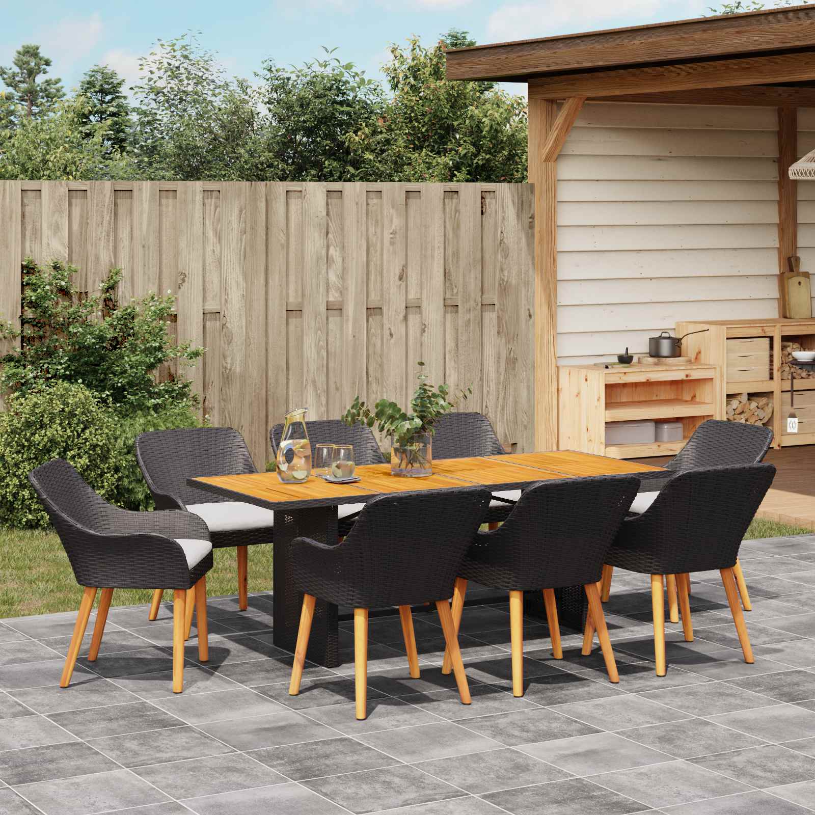 Garden Dining Set with Cushion 9 pcs Black Poly Rattan