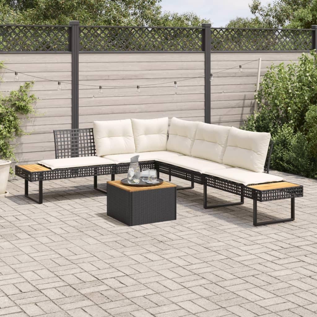 2 Piece Garden Sofa Set with Cushions Black Poly Rattan and Acacia