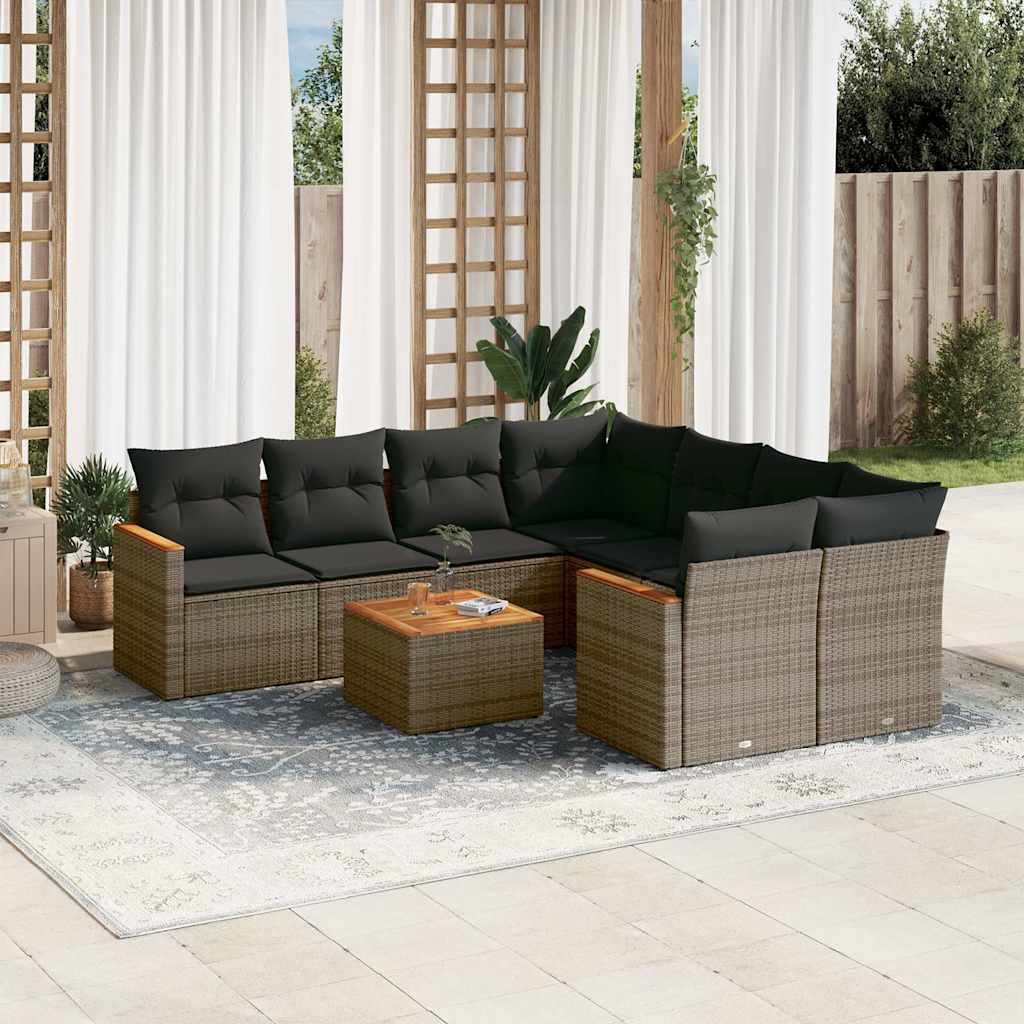 9 Piece Garden Sofa Set with Cushions Grey Poly Rattan