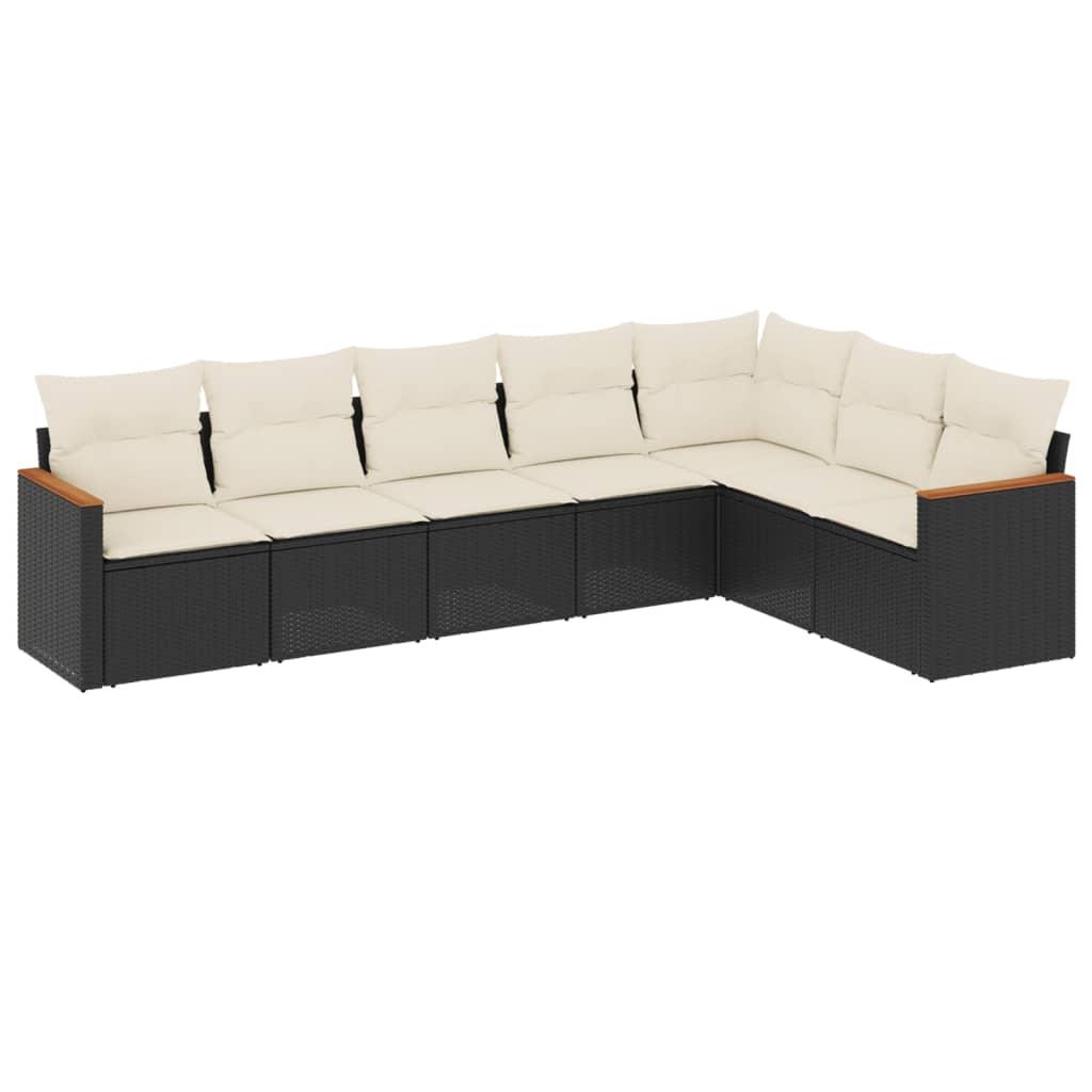 7 Piece Garden Sofa Set with Cushions Black Poly Rattan