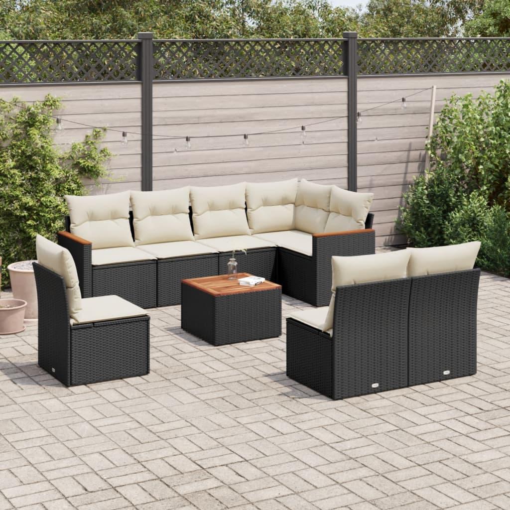 9 Piece Garden Sofa Set with Cushions Black Poly Rattan