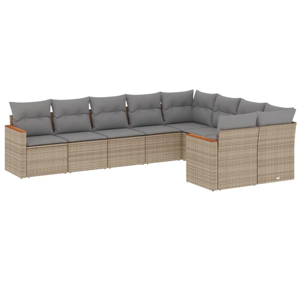 9 Piece Garden Sofa Set with Cushions Beige Poly Rattan