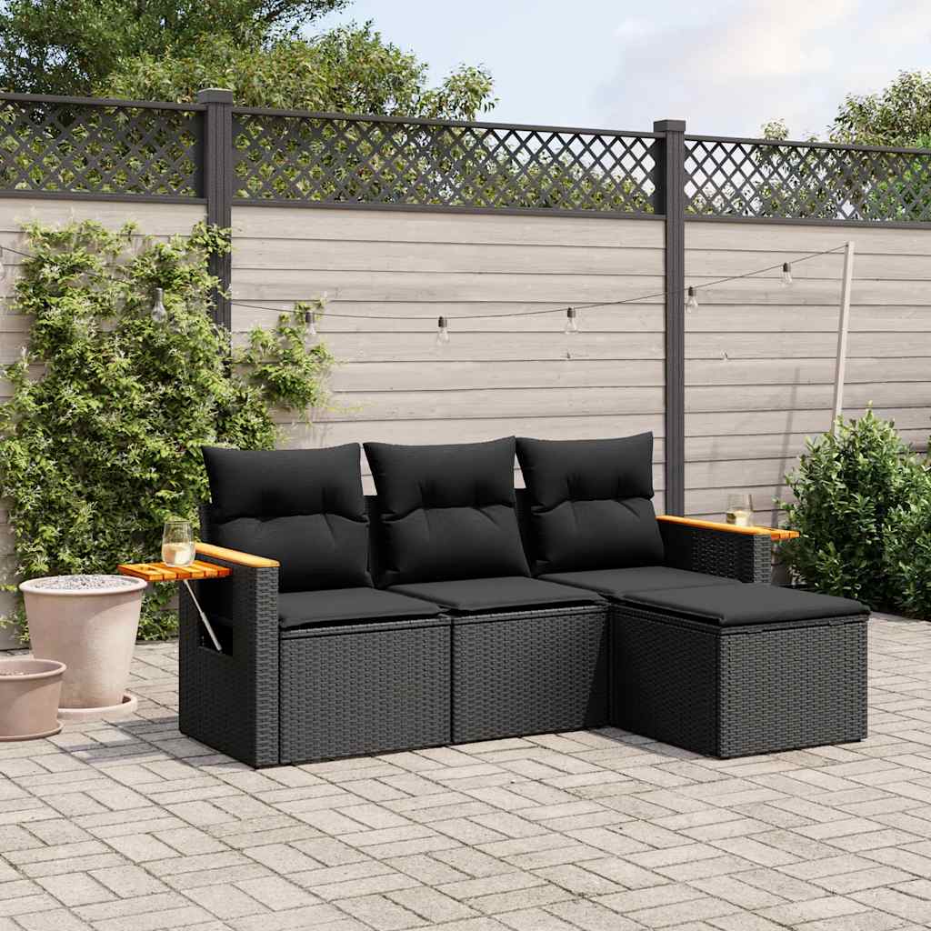 4 Piece Garden Sofa Set with Cushions Black Poly Rattan