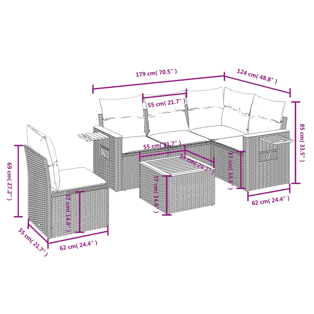 6 Piece Garden Sofa Set with Cushions Grey Poly Rattan