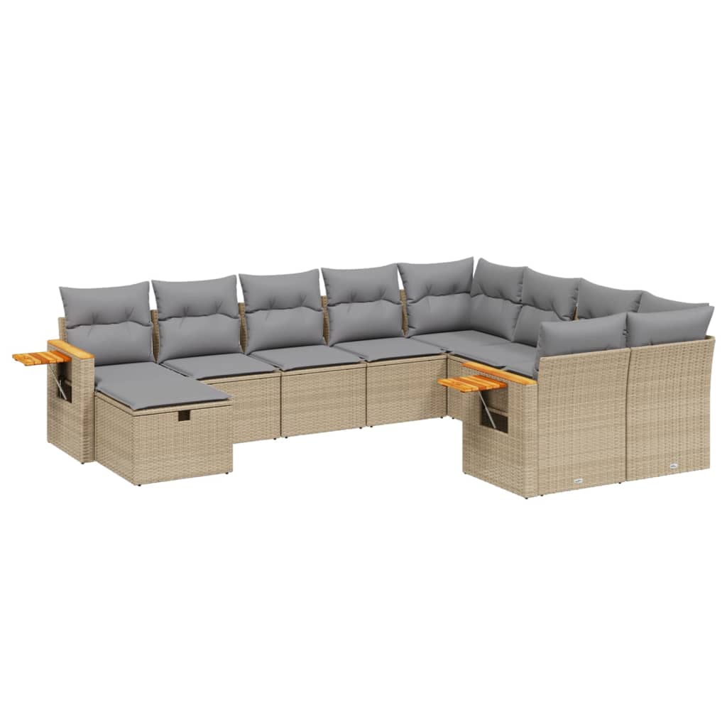 10 Piece Garden Sofa Set with Cushions Beige Poly Rattan