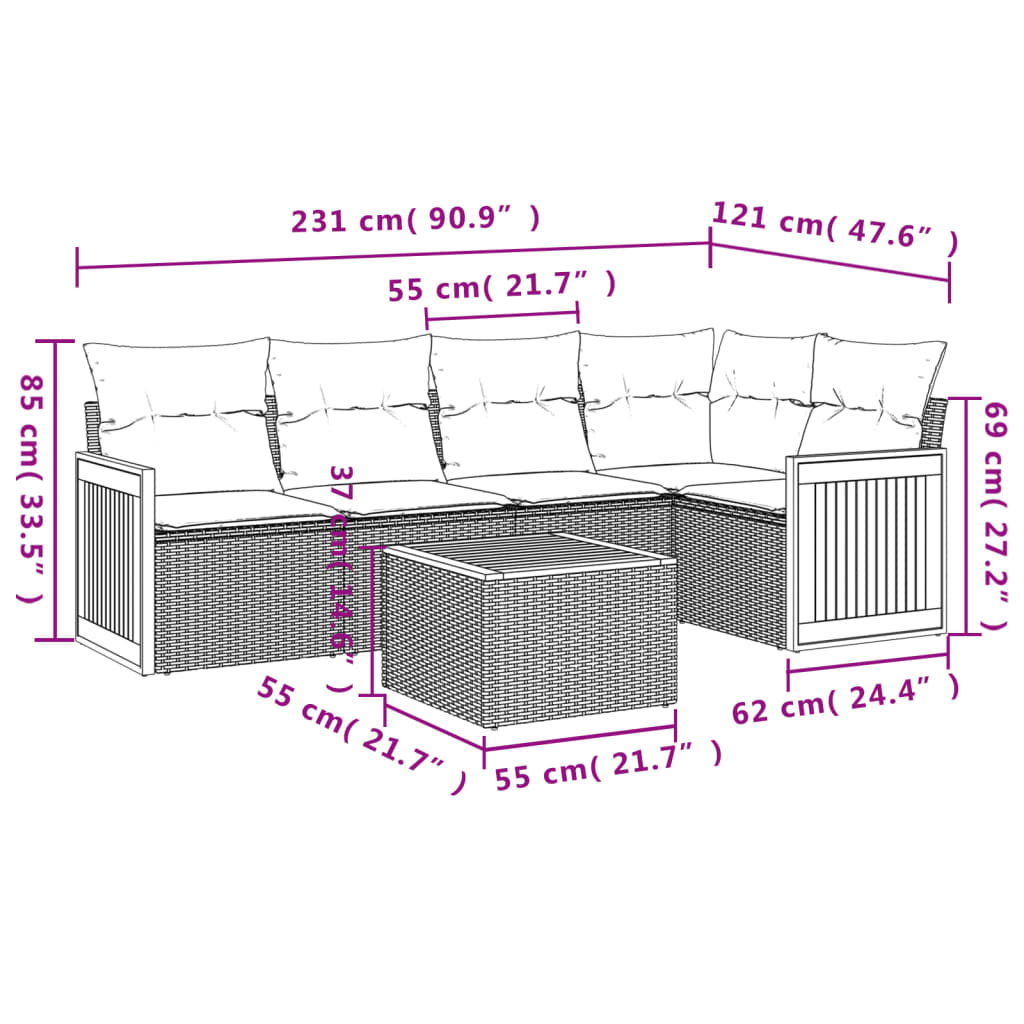 6 Piece Garden Sofa Set with Cushions Grey Poly Rattan