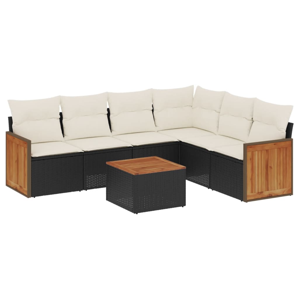 7 Piece Garden Sofa Set with Cushions Black Poly Rattan
