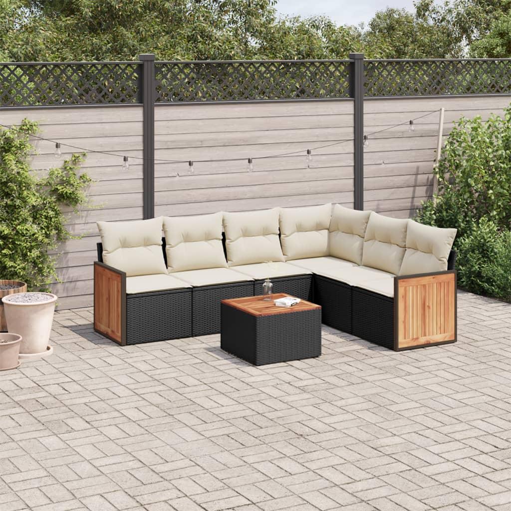 7 Piece Garden Sofa Set with Cushions Black Poly Rattan