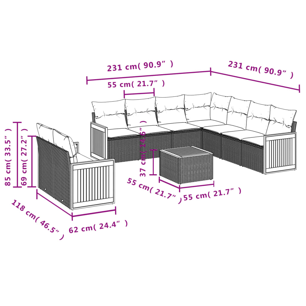 10 Piece Garden Sofa Set with Cushions Black Poly Rattan
