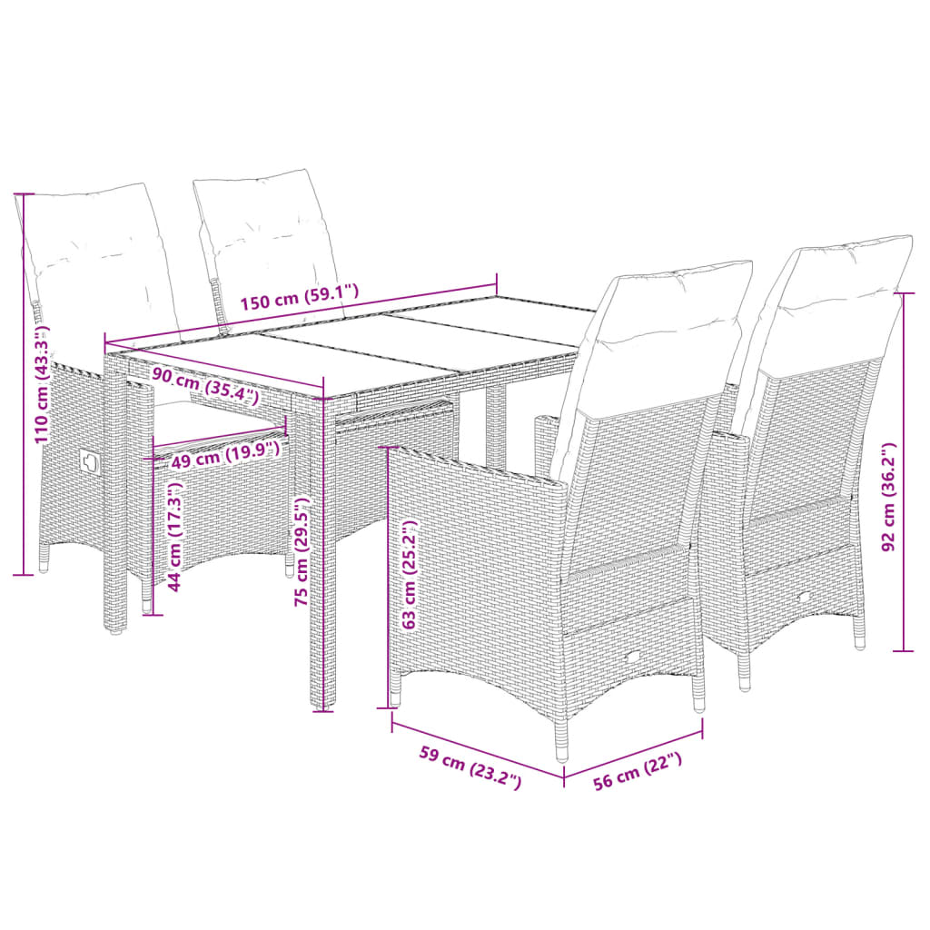5 Piece Garden Dining Set with Cushions Black Poly Rattan
