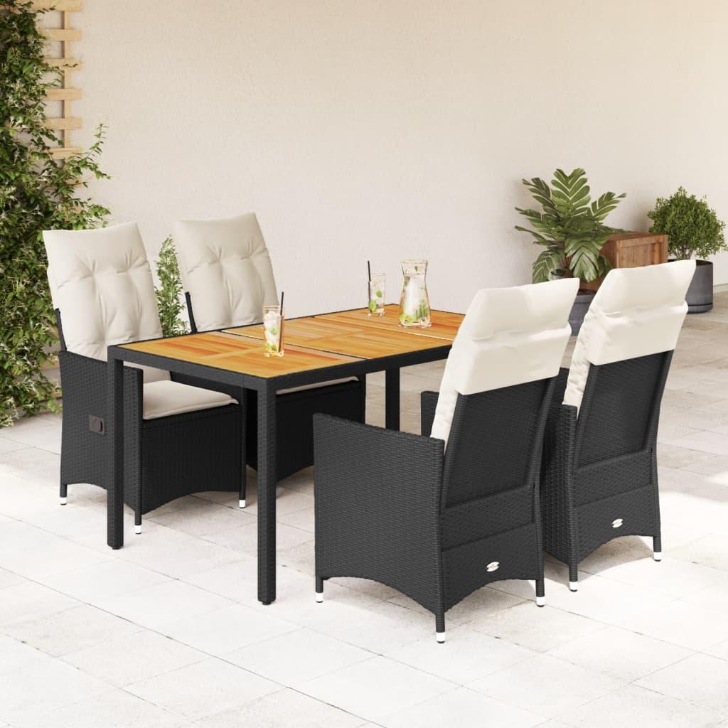 5 Piece Garden Dining Set with Cushions Black Poly Rattan