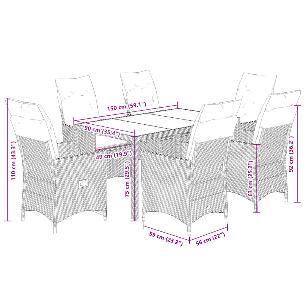 7 Piece Garden Dining Set with Cushions Black Poly Rattan