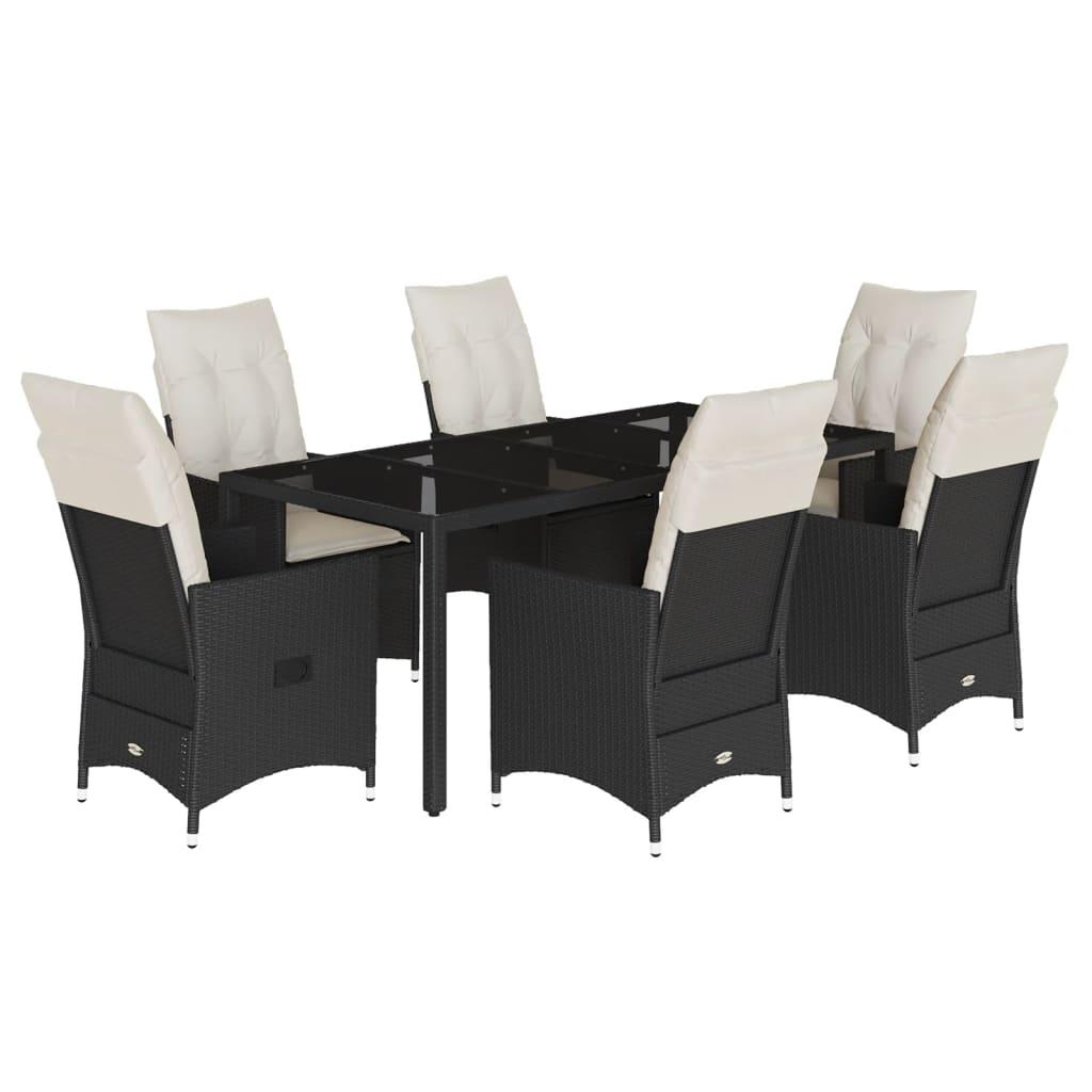 7 Piece Garden Dining Set with Cushions Black Poly Rattan
