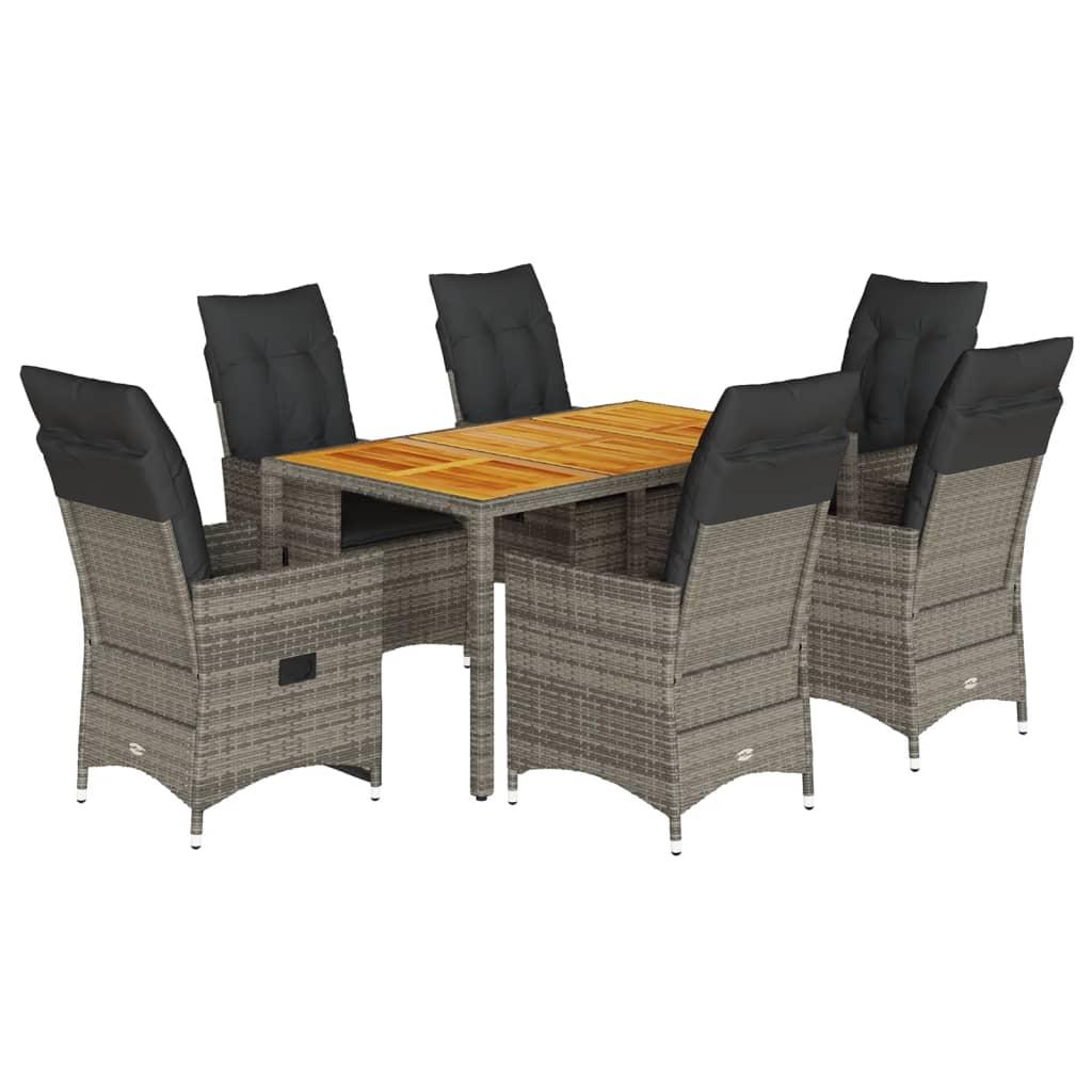 7 Piece Garden Dining Set with Cushions Grey Poly Rattan