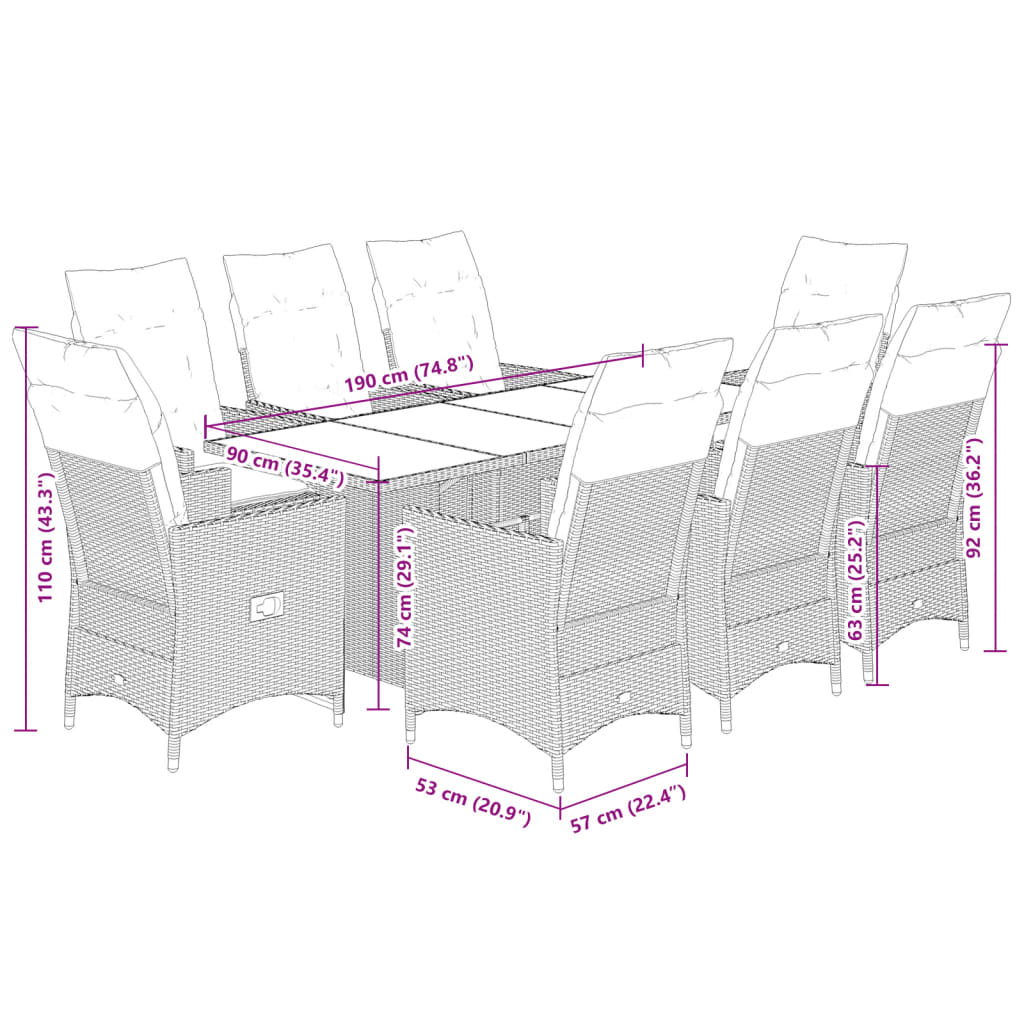 9 Piece Garden Dining Set with Cushions Grey Poly Rattan