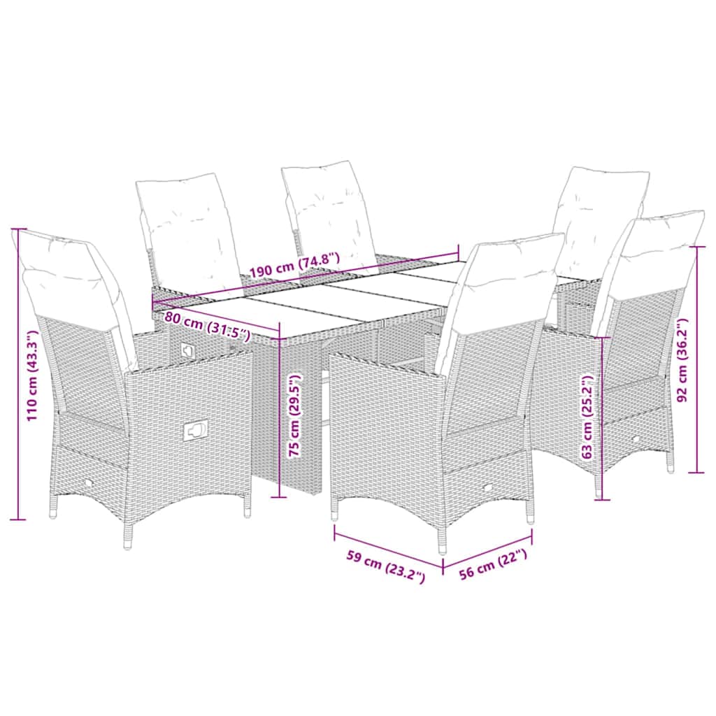 7 Piece Garden Dining Set with Cushions Grey Poly Rattan