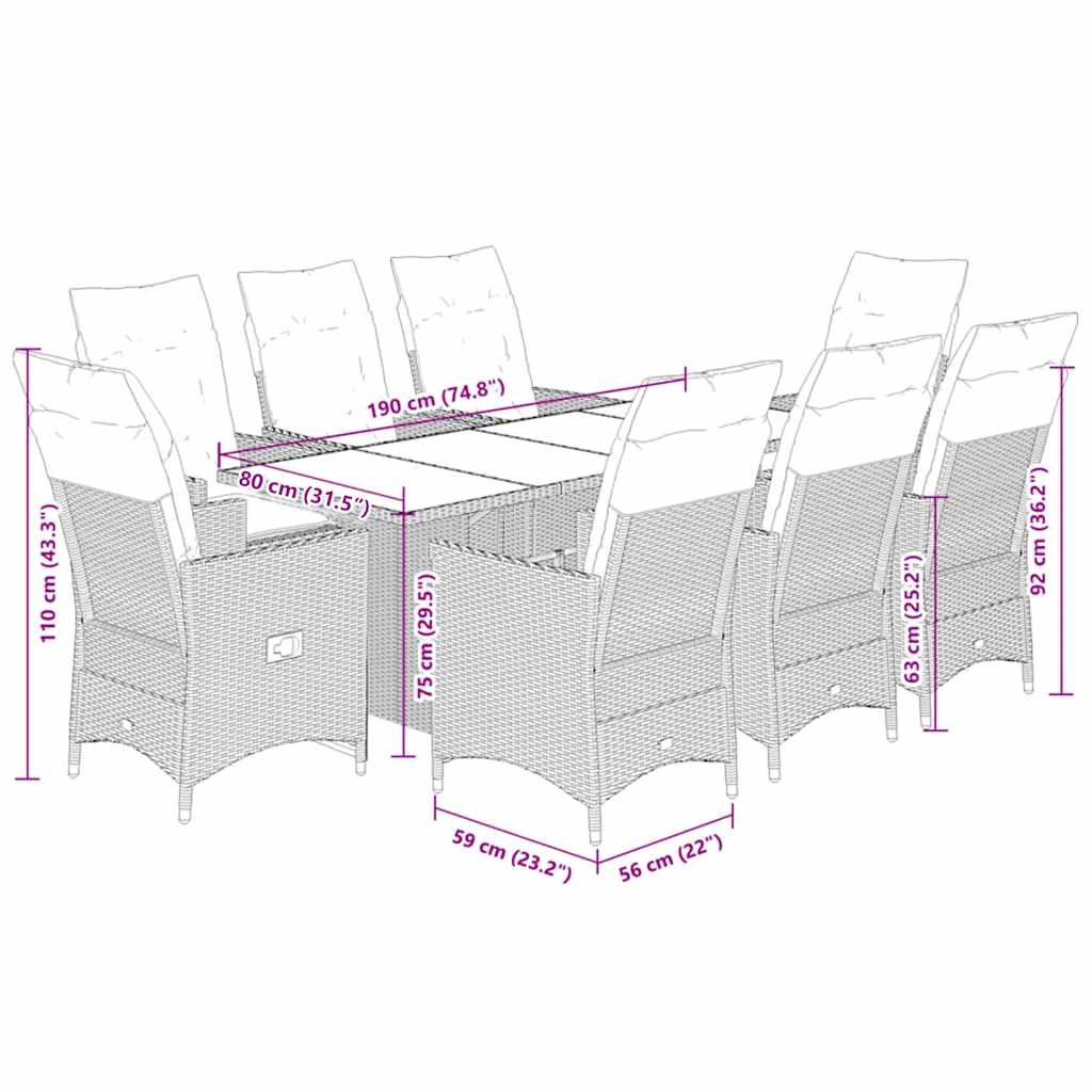 9 Piece Garden Dining Set with Cushions Grey Poly Rattan
