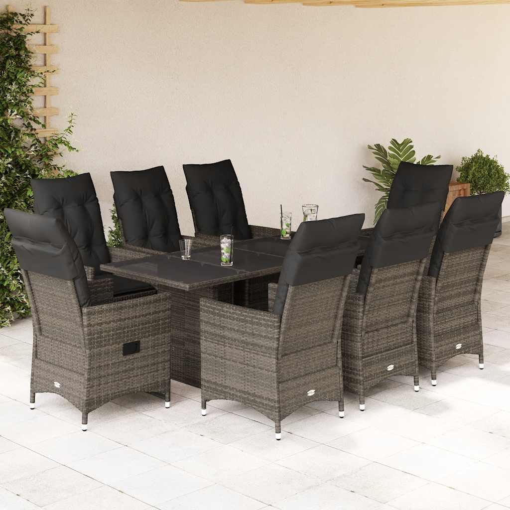9 Piece Garden Dining Set with Cushions Grey Poly Rattan