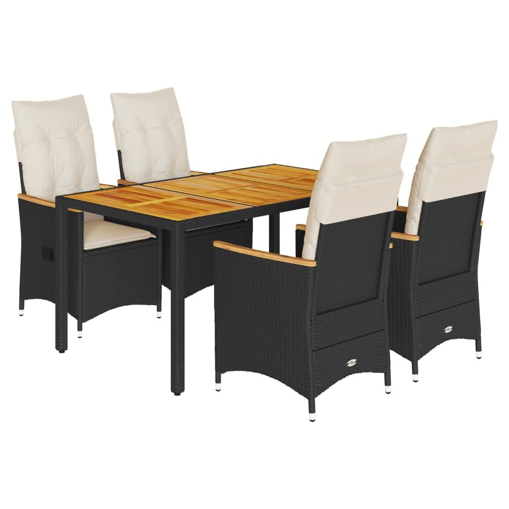 5 Piece Garden Dining Set with Cushions Black Poly Rattan