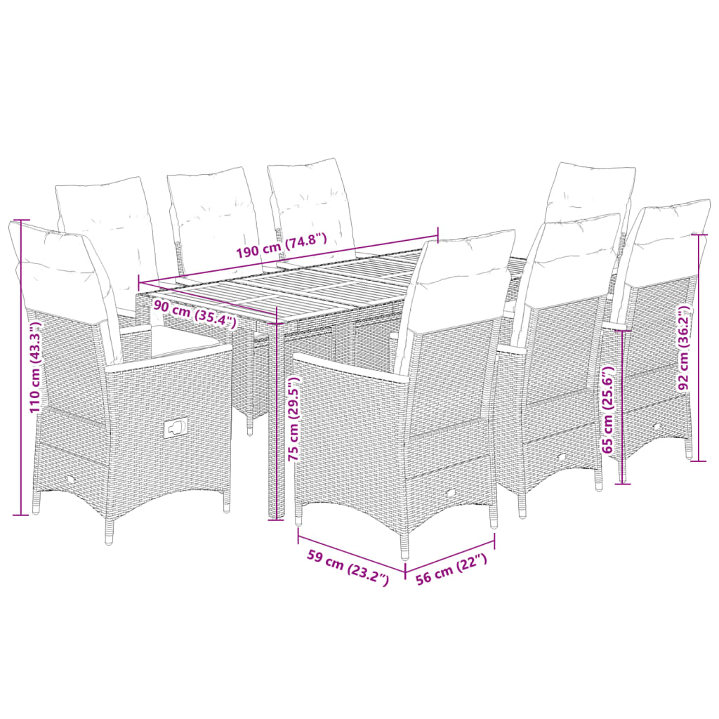 9 Piece Garden Dining Set with Cushions Black Poly Rattan