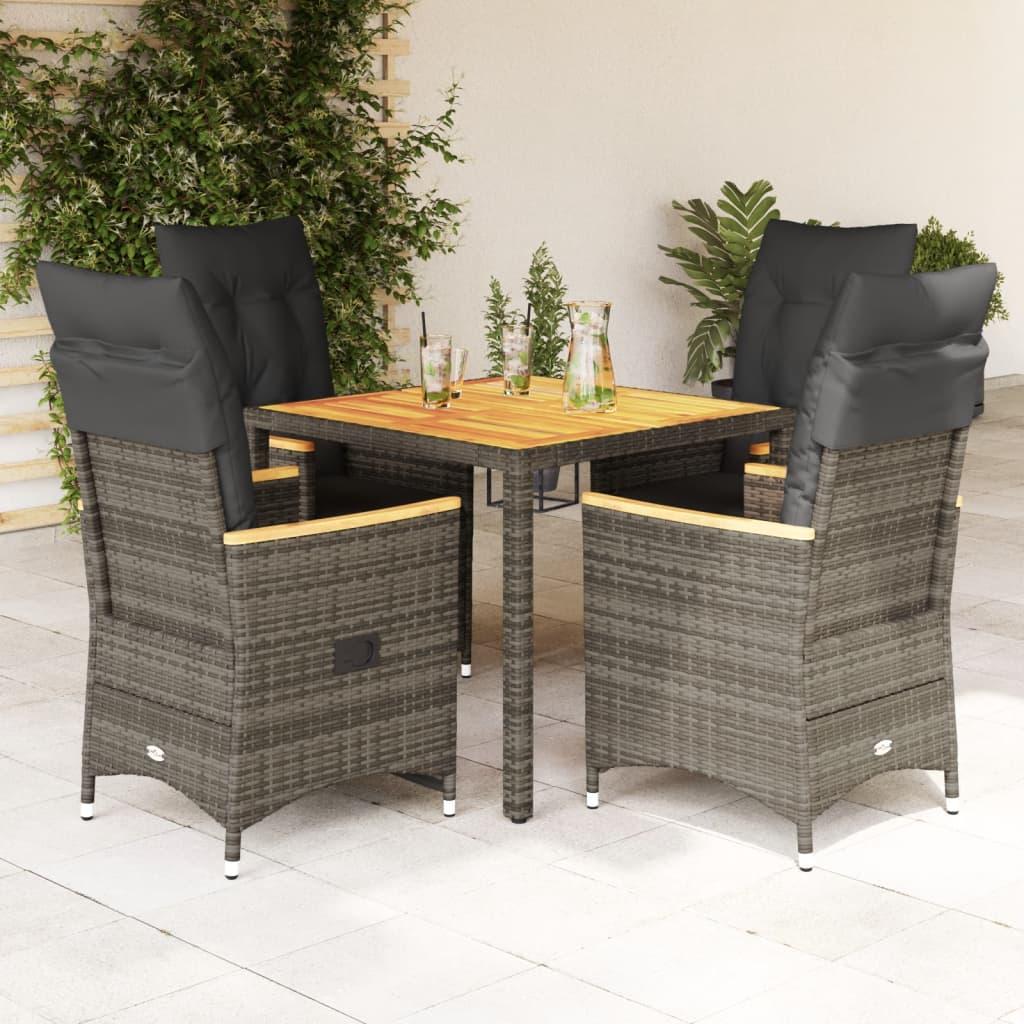 5 Piece Garden Dining Set with Cushions Grey Poly Rattan