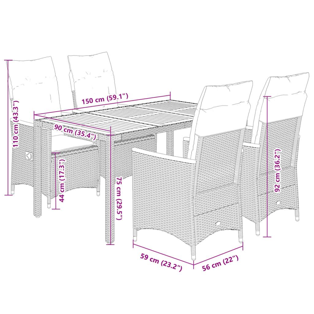 5 Piece Garden Dining Set with Cushions Grey Poly Rattan